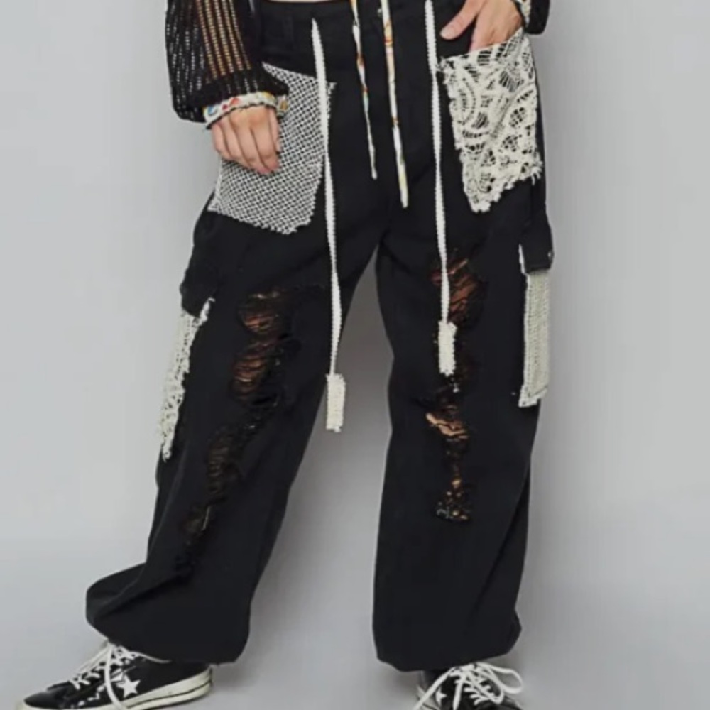Pol Crochet Patchwork Black Distressed Jogger Pan… - image 1